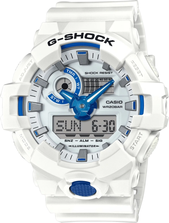 卡西欧,G-SHOCK 57.50x53.40毫米,57.50x53.40毫米,合成树脂,白色,石英,倒计时,计时,月历,星期历,矿物水晶,圆形,GA700HDS,GA700HDS-7A