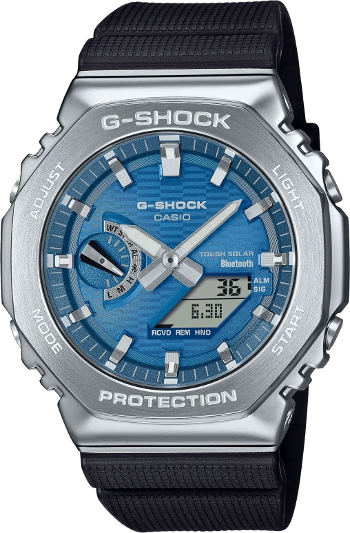 卡西欧,G-STEEL 49.30x44.40毫米,49.30x44.40毫米,精钢,生物基,合成树脂,蓝色,石英,倒计时,计时,月历,星期历,矿物水晶,八角形,GBM2100A,GBM2100A-2B