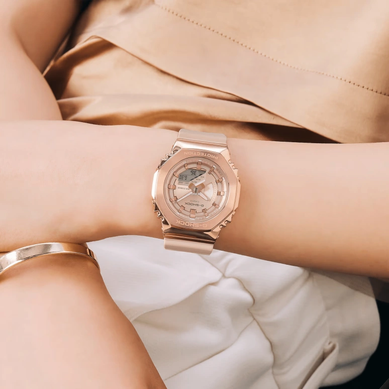 卡西欧,G-SHOCK 40.40毫米,40.40毫米,合成树脂,粉金色,石英,倒计时,计时,月历,星期历,矿物水晶,八角形,GMS2100PG,GMS2100PG-4A