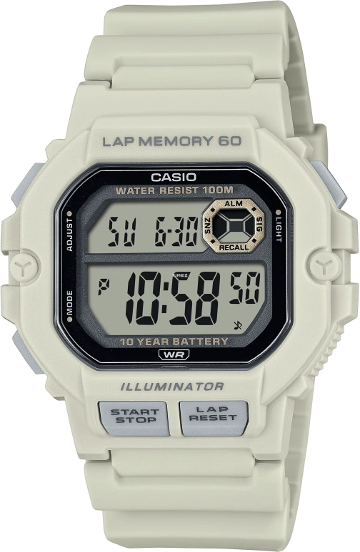 Casio,Standard 47.20x44.50mm,47.20x44.50mm,Resin,Grey,Quartz,Countdown,Chronograph,Month,Date,Plexi,Glass,Square,WS1400H,WS1400H-8AV
