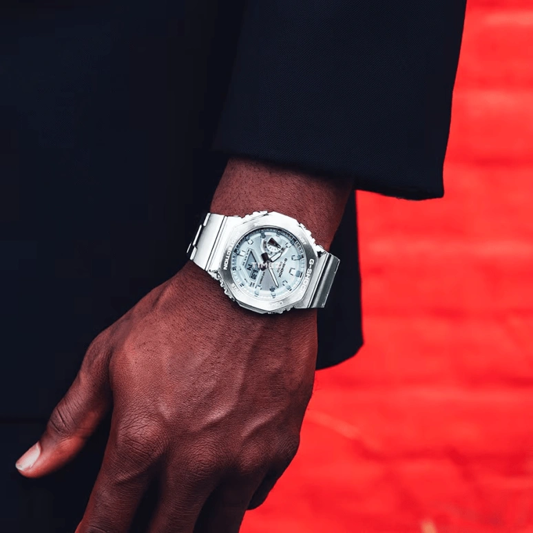 卡西欧,G-SHOCK 44.40毫米,44.40毫米,不锈钢,银色,石英,倒计时,计时,月历,星期历,矿物水晶,八角形,GM2110D,GM2110D-7A