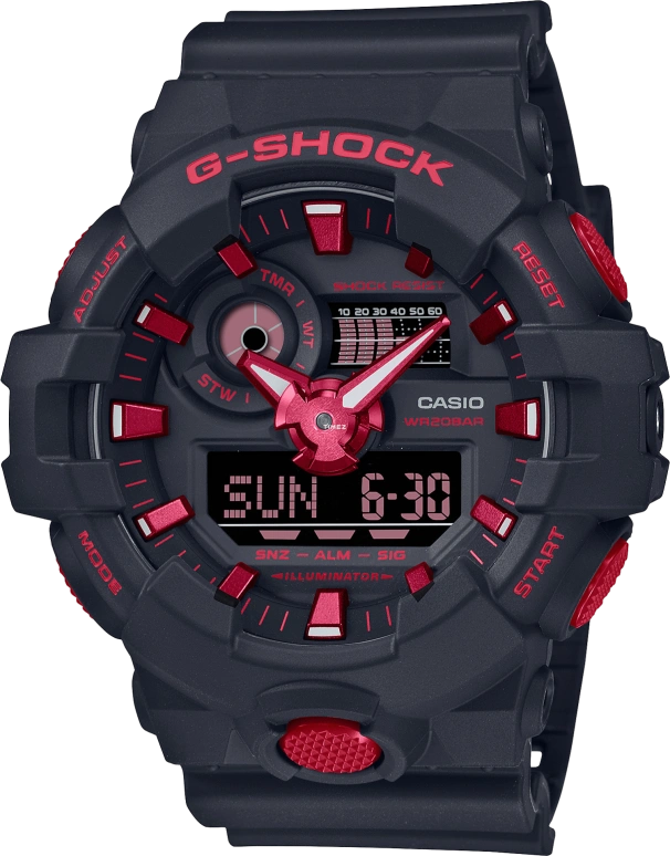 卡西欧,G-SHOCK 53.40毫米,53.40毫米,合成树脂,黑色,红色,石英,倒计时,计时,月历,星期历,矿物水晶,圆形,GA700BNR,GA700BNR-1A