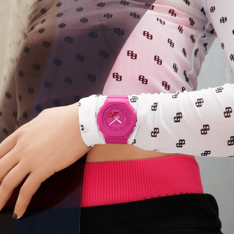 卡西欧,G-SHOCK 46.20x42.90毫米,46.20x42.90毫米,碳纤维,合成树脂,粉红色,石英,倒计时,计时,月历,星期历,矿物水晶,八角形,GMAS2100P,GMAS2100P-4A