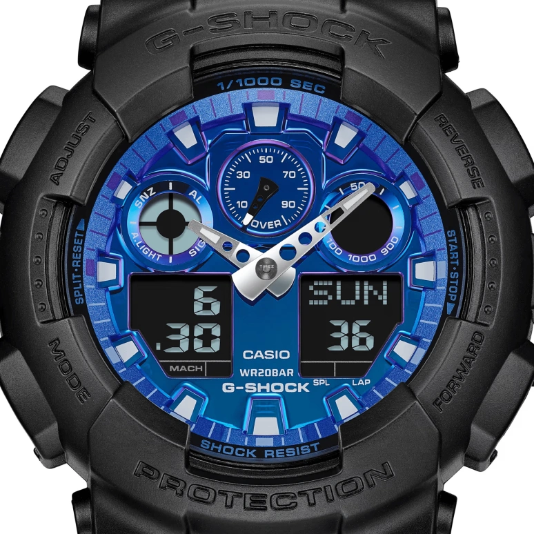 卡西欧,G-SHOCK 51.20毫米,51.20毫米,合成树脂,蓝色,石英,倒计时,计时,月历,星期历,矿物水晶,圆形,GA100FL,GA100FL-1A