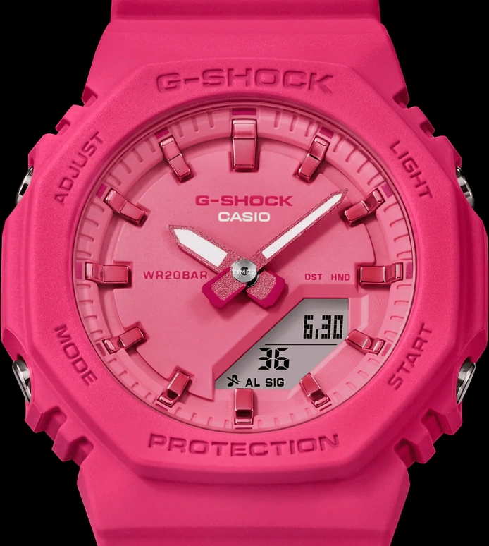 卡西欧,G-SHOCK 46x40.20毫米,46x40.20毫米,合成树脂,生物基,粉红色,石英,倒计时,计时,月历,星期历,玻璃,矿物水晶,八角形,GMAP2100PP,GMAP2100PP-4A