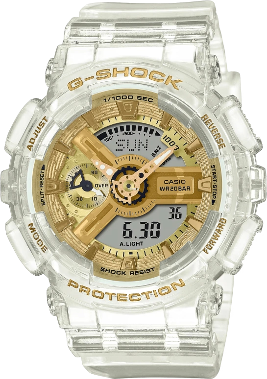 卡西欧,G-SHOCK 49x45.90毫米,49x45.90毫米,合成树脂,黄金色,灰色,石英,倒计时,计时,月历,星期历,矿物水晶,圆形,GMAS110SG,GMAS110SG-7A