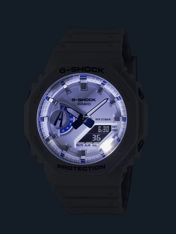 卡西欧,G-SHOCK 48.50x45.40毫米,48.50x45.40毫米,碳纤维,生物基,合成树脂,白色,石英,倒计时,计时,月历,星期历,矿物水晶,八角形,GA2100HDS7A1