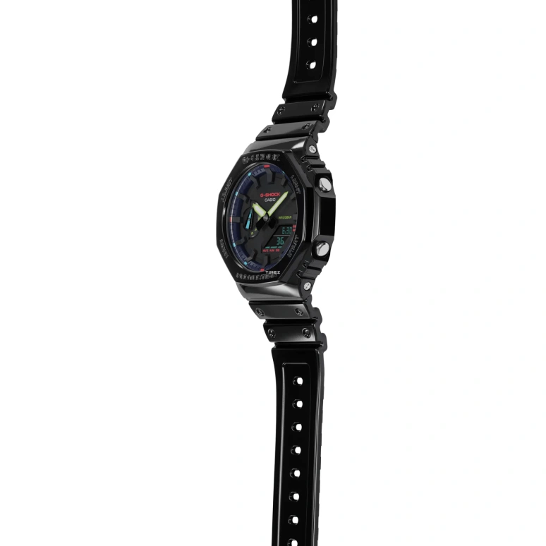 卡西欧,G-SHOCK 48.50x45.40毫米,48.50x45.40毫米,合成树脂,碳纤维,黑色,石英,倒计时,计时,月历,星期历,矿物水晶,圆形,GA2100RGB,GA2100RGB-1A