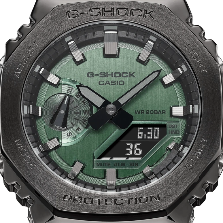 卡西欧,G-SHOCK 49.30x44.40毫米,49.30x44.40毫米,合成树脂,精钢,绿色,石英,倒计时,计时,月历,星期历,矿物水晶,圆形,GM2100B,GM2100B-3A