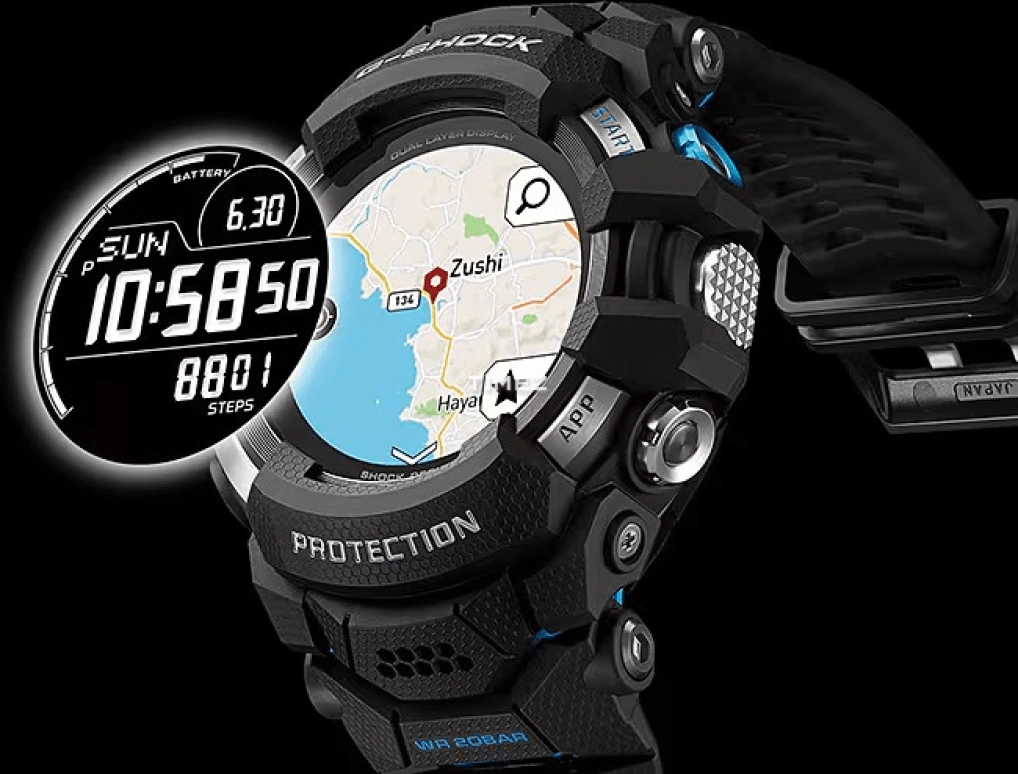 卡西欧,G-SHOCK 56.30毫米,56.30毫米,合成树脂,蓝色,黑色,处理器,智能手表,GPS,高度计,罗盘,矿物水晶,圆形,GSWH1000,GSWH1000-1