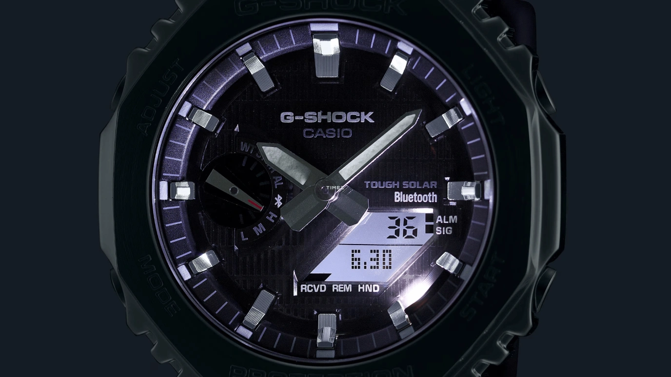 卡西欧,G-STEEL 49.30x44.40毫米,49.30x44.40毫米,精钢,生物基,合成树脂,蓝色,石英,倒计时,计时,月历,星期历,矿物水晶,八角形,GBM2100A,GBM2100A-2B