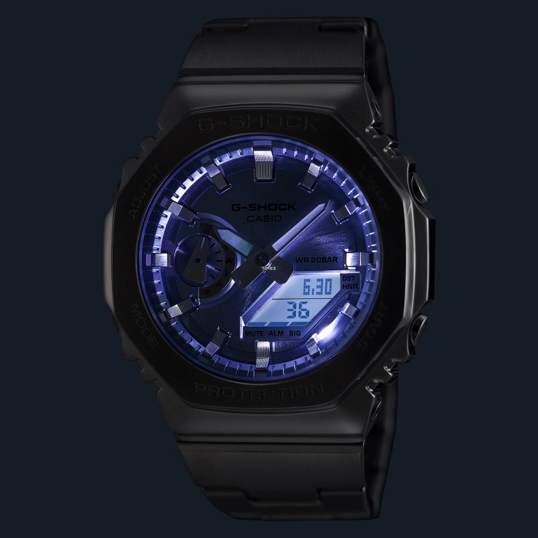 卡西欧,G-SHOCK 44.40毫米,44.40毫米,不锈钢,冰蓝色,石英,倒计时,计时,月历,星期历,蓝宝石,八角形,GM2110D,GM2110D-2A