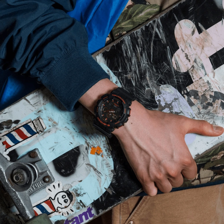 卡西欧,G-SHOCK 55x51.20毫米,55x51.20毫米,合成树脂,黑色,红色,石英,倒计时,计时,月历,星期历,矿物水晶,圆形,GA100BNR,GA100BNR-1A
