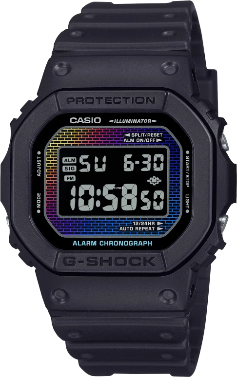卡西欧,G-SHOCK 48.90x42.80毫米,48.90x42.80毫米,生物基,合成树脂,虹色,黑色,石英,倒计时,计时,月历,星期历,矿物水晶,方形,DW5600RW,DW5600RW-1