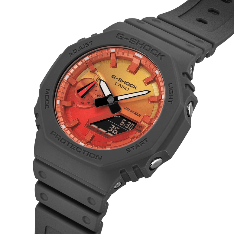卡西欧,G-SHOCK 45.40毫米,45.40毫米,碳纤维,生物基,合成树脂,双色,炭火红,渐变色,石英,倒计时,计时,月历,星期历,矿物水晶,八角形,GA2100FL,GA2100FL-8A