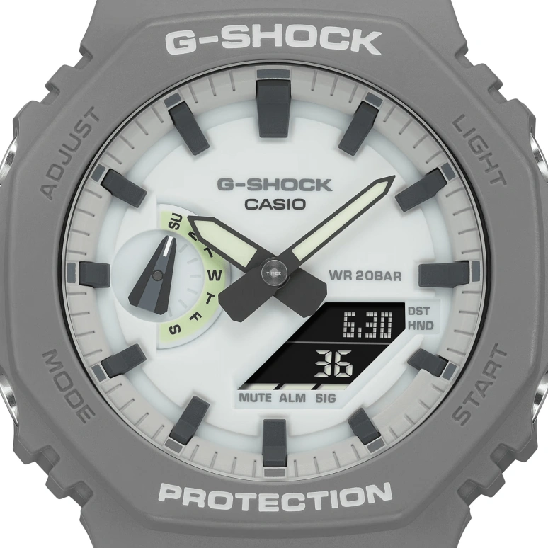 卡西欧,G-SHOCK 48.50x45.40毫米,48.50x45.40毫米,碳纤维,生物基,合成树脂,白色,石英,倒计时,计时,月历,星期历,矿物水晶,八角形,GA2100HD,GA2100HD-8A