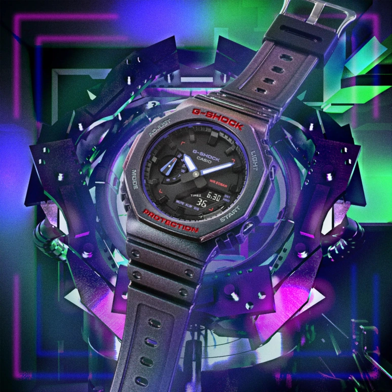 卡西欧,G-SHOCK 48.50x45.40毫米,48.50x45.40毫米,碳纤维,合成树脂,紫色,石英,倒计时,计时,月历,星期历,矿物水晶,八角形,GA2100AH,GA2100AH-6A