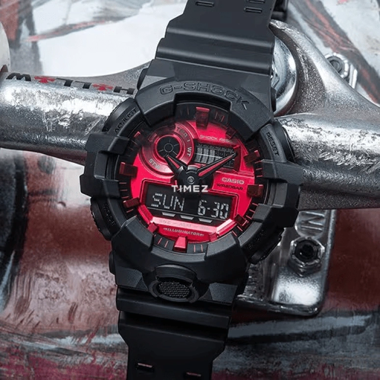 卡西欧,G-SHOCK 53.40毫米,53.40毫米,合成树脂,红色,石英,倒计时,计时,月历,星期历,矿物水晶,圆形,GA700AR,GA700AR-1A