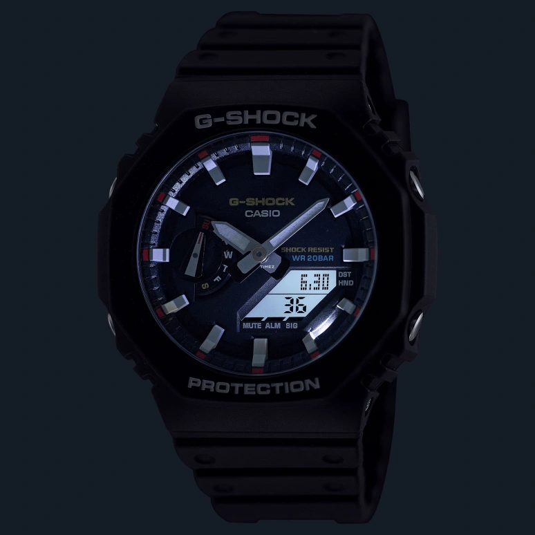 卡西欧,G-SHOCK 45.40毫米,45.40毫米,碳纤维,生物基,合成树脂,黑色,石英,倒计时,计时,月历,星期历,矿物水晶,八角形,GA2100RL,GA2100RL-1A