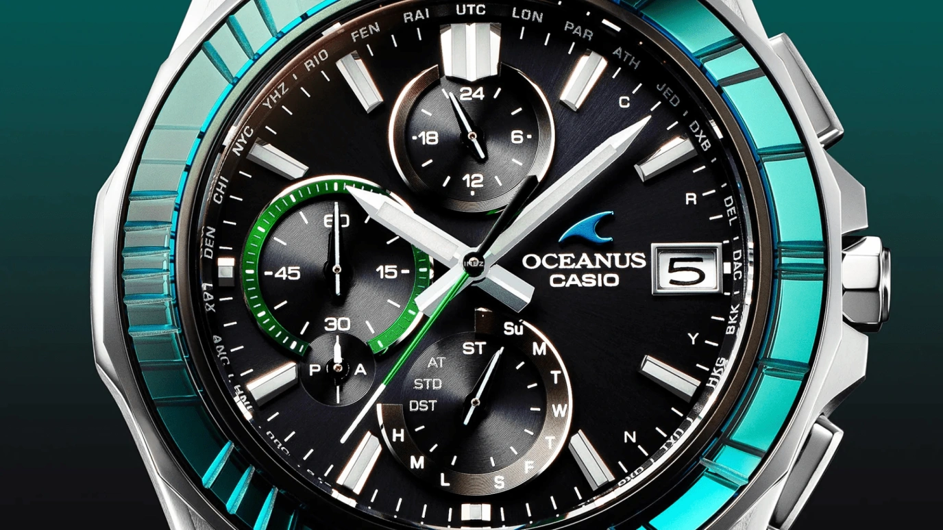 卡西欧,OCEANUS 47.50x42.80毫米,47.50x42.80毫米,钛,黑色,石英,倒计时,计时,星期历,日历,蓝宝石,水晶玻璃,圆形,OCWS7000SG1A