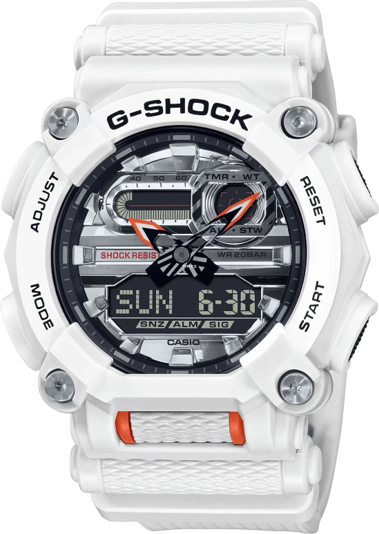卡西欧,G-SHOCK 49.50毫米,49.50毫米,合成树脂,银色,石英,倒计时,计时,月历,星期历,矿物水晶,圆形,GA900AS,GA900AS-7A