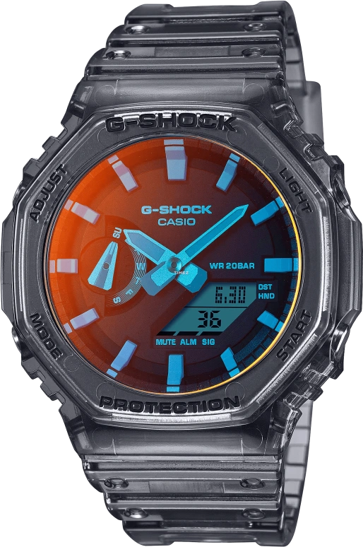 卡西欧,G-SHOCK 48.50x45.40毫米,48.50x45.40毫米,碳纤维,合成树脂,渐变色,蓝色,石英,倒计时,计时,月历,星期历,矿物水晶,八角形,GA2100TLS,GA2100TLS-8A