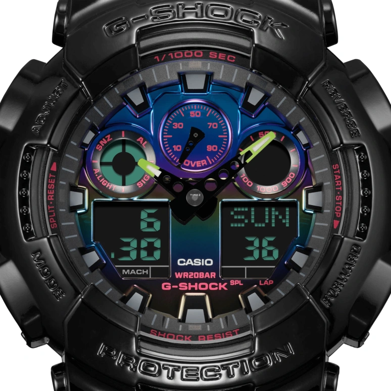 卡西欧,G-SHOCK 55x51.20毫米,55x51.20毫米,合成树脂,多色,石英,倒计时,计时,月历,星期历,矿物水晶,圆形,GA100RGB,GA100RGB-1A