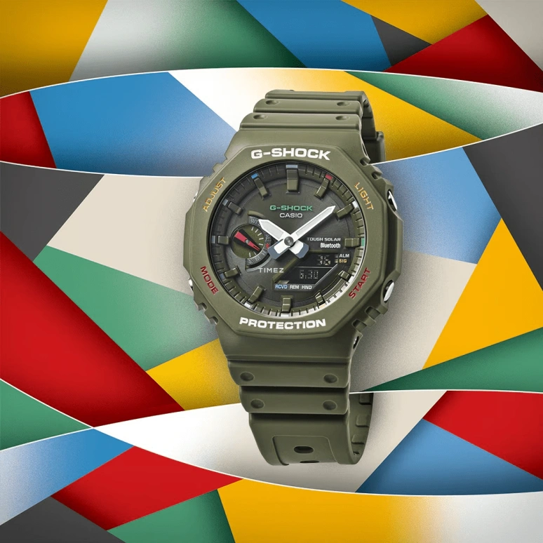 卡西欧,G-SHOCK 48.50x45.40毫米,48.50x45.40毫米,合成树脂,碳纤维,墨绿色,石英,倒计时,计时,月历,星期历,矿物水晶,圆形,GAB2100FC,GAB2100FC-3A