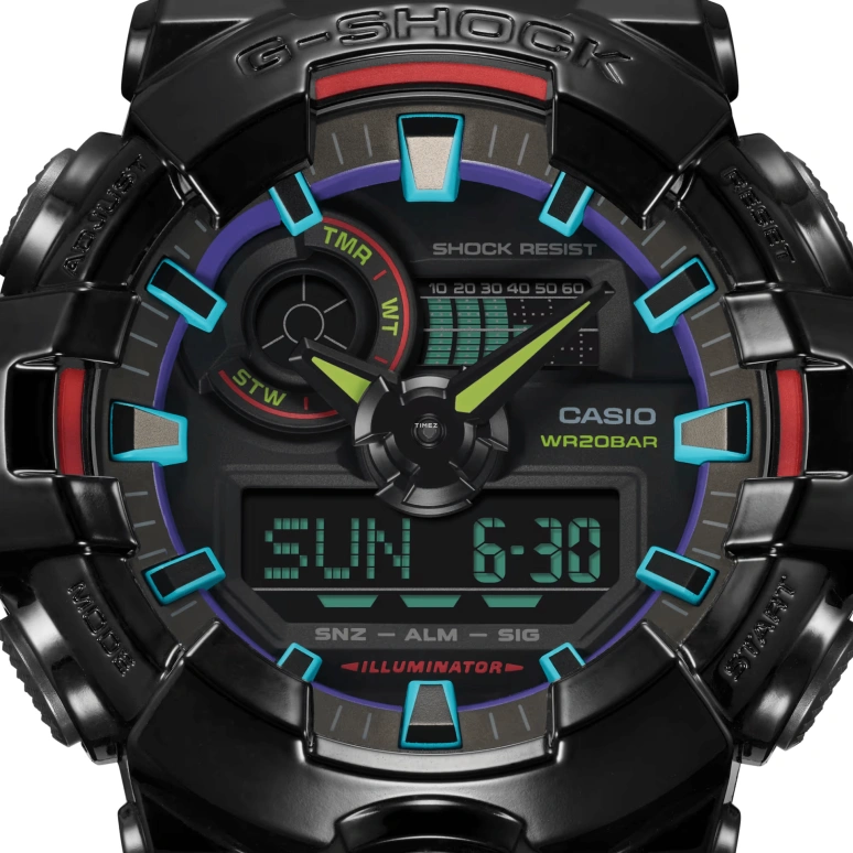 卡西欧,G-SHOCK 53.40毫米,53.40毫米,合成树脂,黑色,石英,倒计时,计时,月历,星期历,矿物水晶,圆形,GA700RGB,GA700RGB-1A