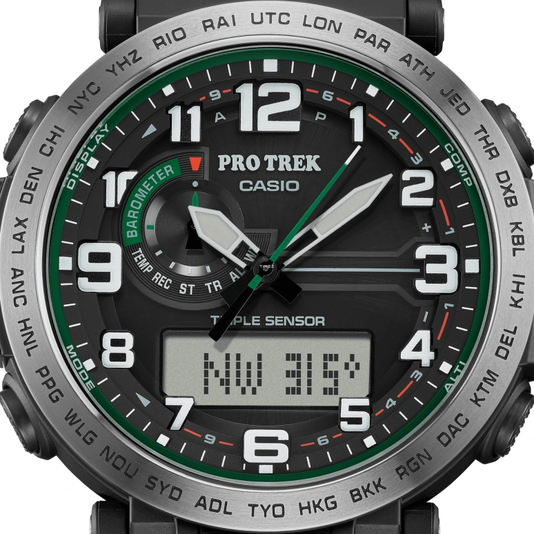 卡西欧,PROTREK 51.60x51.50毫米,51.60x51.50毫米,生物基,不锈钢,黑色,石英,倒计时,计时,月历,星期历,矿物水晶,玻璃,圆形,PRG601,PRG601-1