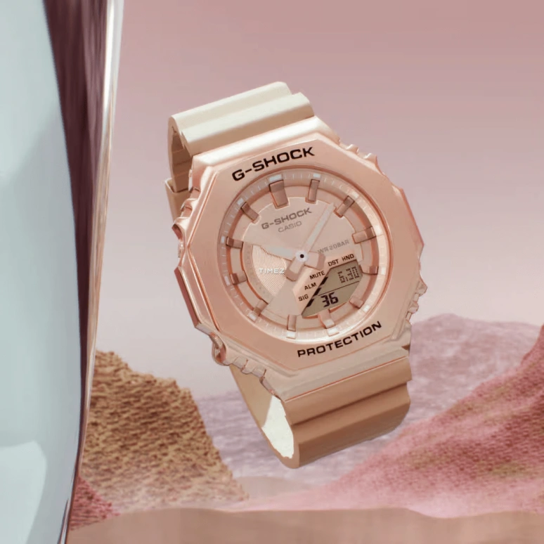 卡西欧,G-SHOCK 40.40毫米,40.40毫米,合成树脂,粉金色,石英,倒计时,计时,月历,星期历,矿物水晶,八角形,GMS2100PG,GMS2100PG-4A