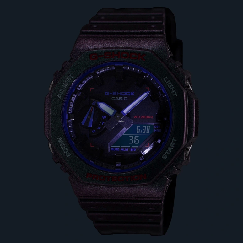 卡西欧,G-SHOCK 48.50x45.40毫米,48.50x45.40毫米,碳纤维,合成树脂,紫色,石英,倒计时,计时,月历,星期历,矿物水晶,八角形,GA2100AH,GA2100AH-6A