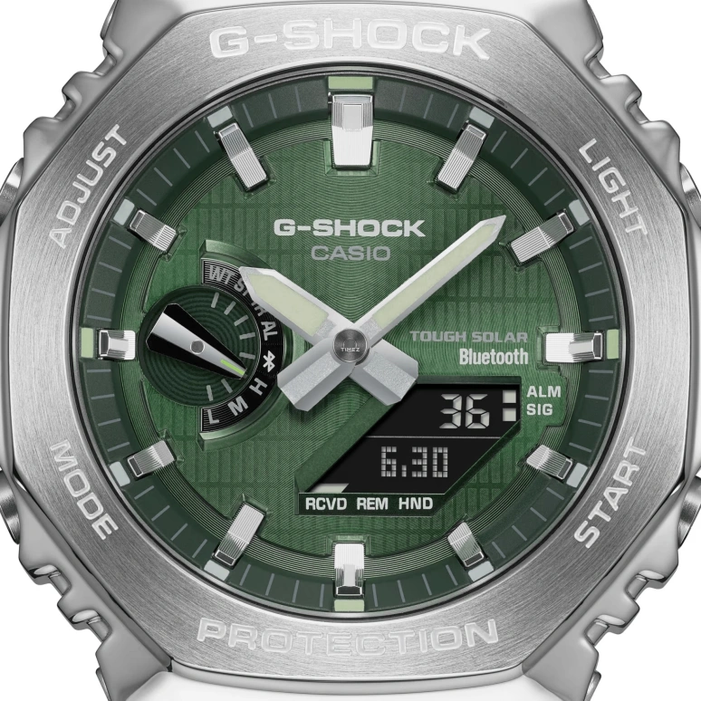 卡西欧,G-STEEL 49.30x44.40毫米,49.30x44.40毫米,生物基,合成树脂,不锈钢,绿色,石英,倒计时,计时,月历,星期历,矿物水晶,八角形,GBM2100A,GBM2100A-1A3