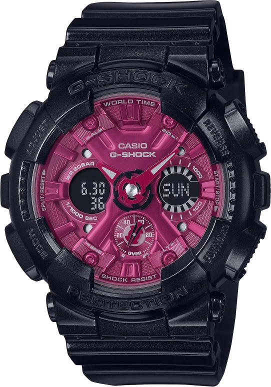 卡西欧,G-SHOCK 45.90毫米,45.90毫米,合成树脂,粉红色,石英,倒计时,计时,月历,星期历,矿物水晶,圆形,GMAS120RB,GMAS120RB-1A