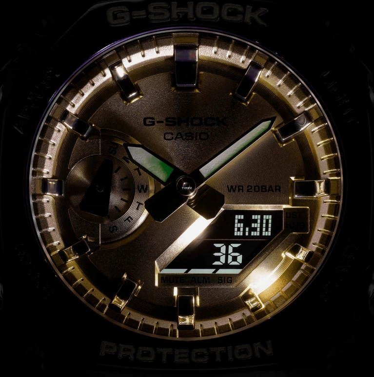 卡西欧,G-SHOCK 48.50x45.40毫米,48.50x45.40毫米,碳纤维,合成树脂,黄金色,石英,倒计时,计时,月历,星期历,矿物水晶,八角形,GA2100GB,GA2100GB-1A