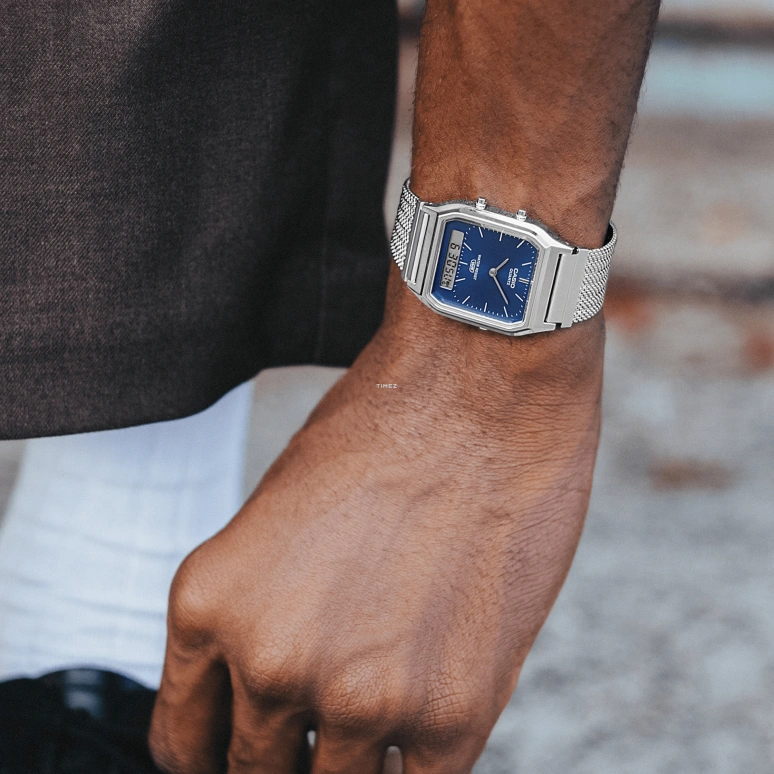 卡西欧,VINTAGE 38.80x29.80毫米,38.80x29.80毫米,合成树脂,蓝色,石英,计时,月历,星期历,日历,树脂,玻璃,方形,AQ230EM,AQ230EM-2A