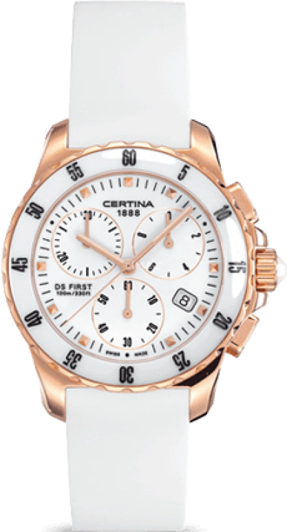 Certina,DS First 34.80mm,34.80mm,Ceramic,Stainless Steel,White,Quartz,Chronograph,Day,C014,C014.217.37.011.00