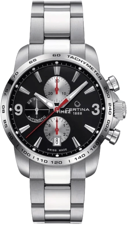 Certina,DS Podium 42mm,42mm,Stainless Steel,Black,Automatic,Chronograph,Day,C001,C001.427.11.057.01