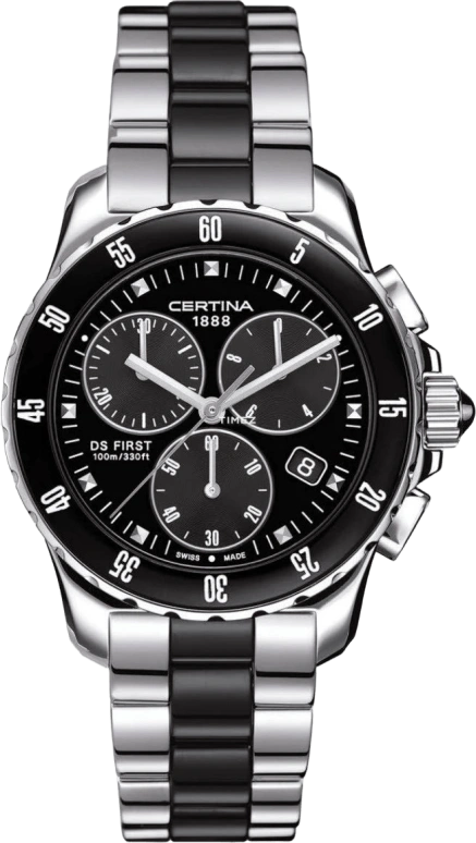 Certina,DS First 34.80mm,34.80mm,Stainless Steel,Black,Quartz,Chronograph,Day,C014,C014.217.11.051.01