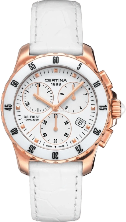 Certina,DS First 34.80mm,34.80mm,Ceramic,Stainless Steel,White,Quartz,Chronograph,Day,C014,C014.217.37.011.00