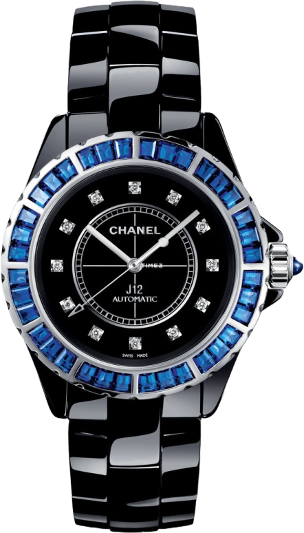 CHANEL,J12 33mm,33mm,White Gold,Ceramic,Black,Automatic,Sapphire,Crystal Glass,Round,H3122