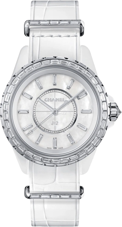 CHANEL,J12 33mm,33mm,White Gold,Ceramic,White,Quartz,Sapphire,Crystal Glass,Round,H4192