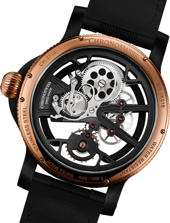 Chronoswiss,Skeltec 45mm,45mm,Stainless Steel,Rose Gold,Skeleton,Handwound,In-house Caliber,CH,CH-3715R-BK