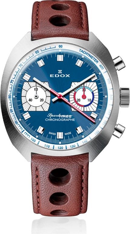 EDOX,Sportsman 41mm,41mm,Stainless Steel,Blue,White,Automatic,Chronograph,62hours,08202,08202-3BU-BUIN