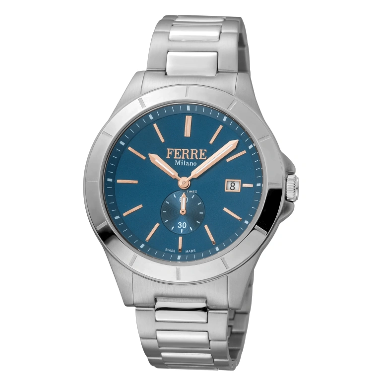 Ferre Milano,Mens 43mm,43mm,Stainless Steel,Blue,Quartz,Day,Hardlex,FM1G080M0051