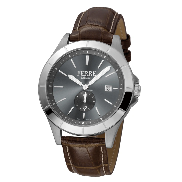 Ferre Milano,Mens 43mm,43mm,Stainless Steel,Smoky Coal,Quartz,Day,Hardlex,FM1G080L0011