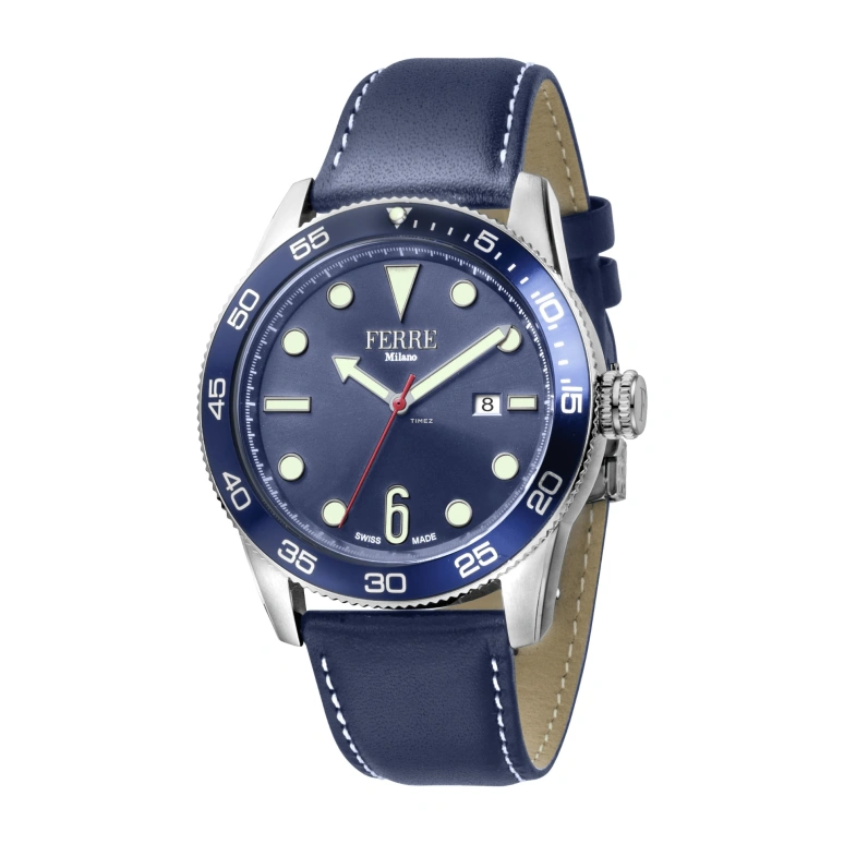 Ferre Milano,Mens 42mm,42mm,Stainless Steel,Blue,Quartz,Day,Hardlex,FM1G109L0011