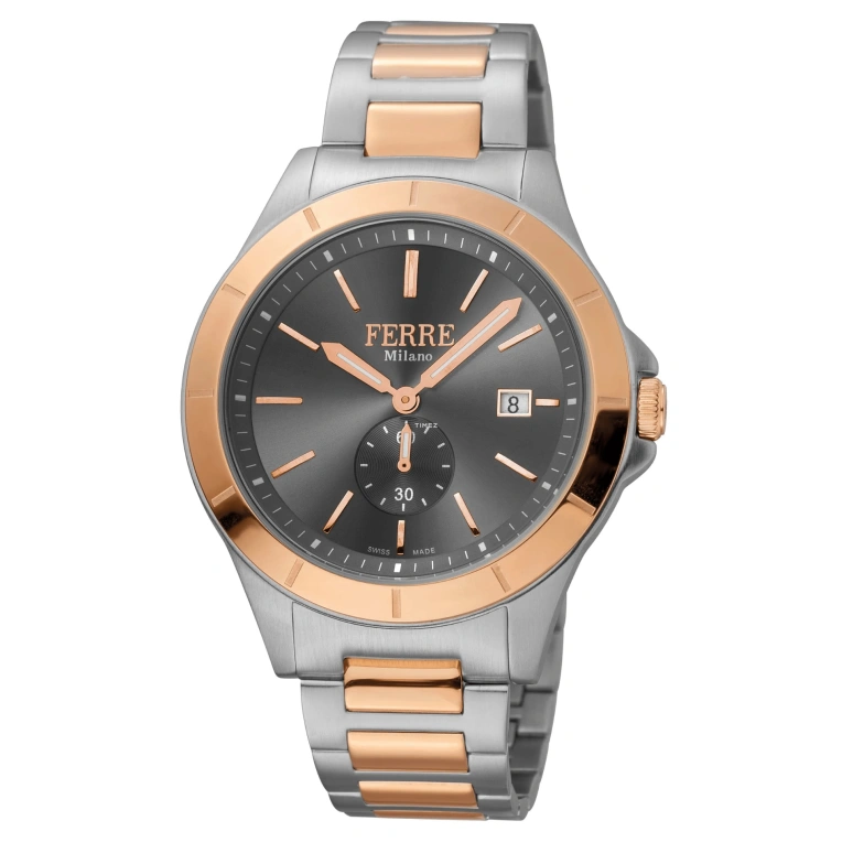 Ferre Milano,Mens 43mm,43mm,Stainless Steel,Smoky Coal,Quartz,Day,Hardlex,FM1G080M0081