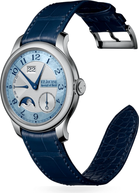 F.P.Journe,BOUTIQUE 40毫米,40毫米,铂金,蓝色,银色,自动上弦,月相,动力储存指示,大日历,1300,1300.3 AL2 PT Nacre Bleu Face