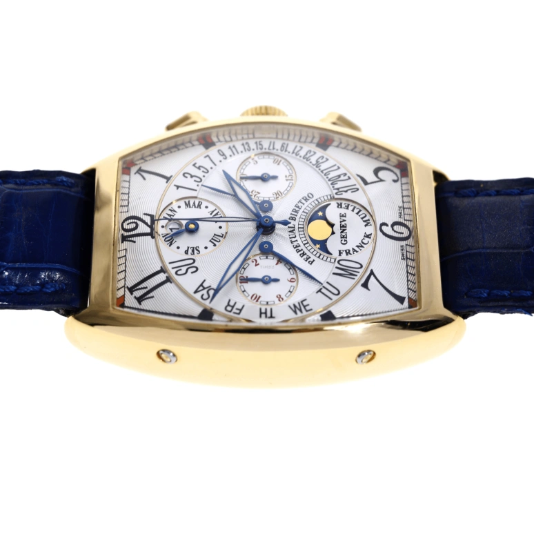 Franck Muller,Vintage 41x36mm,41x36mm,Yellow Gold,White,Automatic,Chronograph,Moonphase,Perpetual Calendar,Month,Sapphire,Crystal Glass,Tonneau,6850 CC QPB